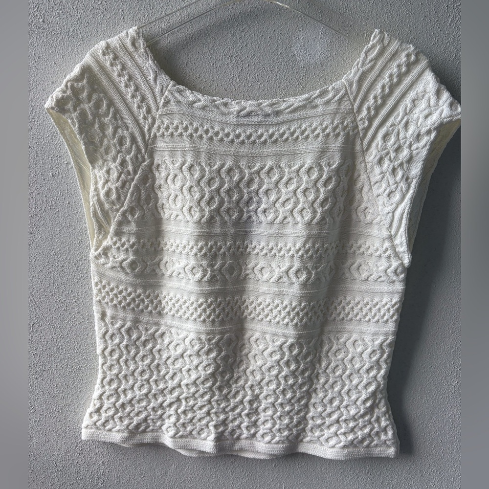 WHBM XL Ecru Top Cap Sleeves Cable Knit Design NWT Office Career Party Cruise - Picture 12 of 12